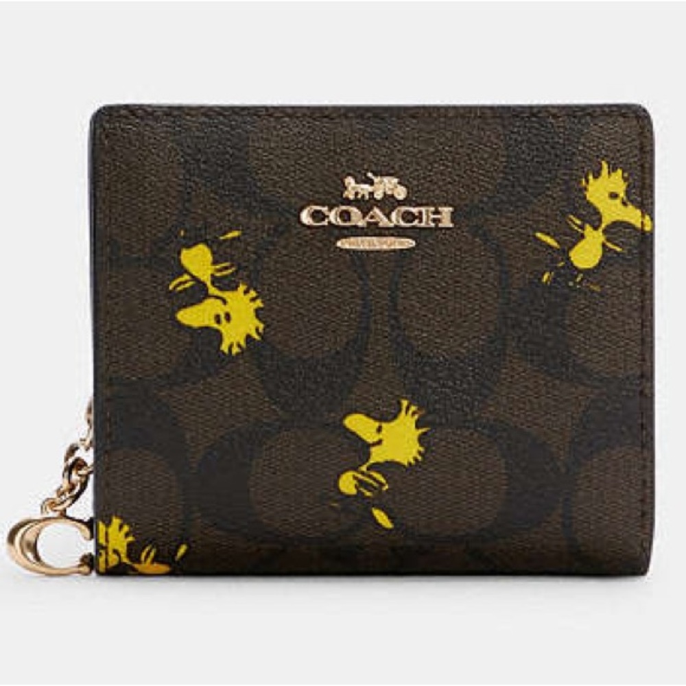 NWT Coach X Peanuts Snap Wallet In Signature Canvas With Woodstock Print